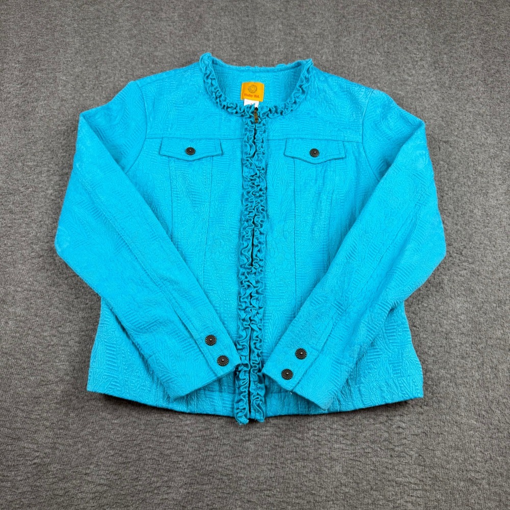 Ruby Rd Women's Turquoise Blue Textured Ruffle Zip Front Jacket Size 6